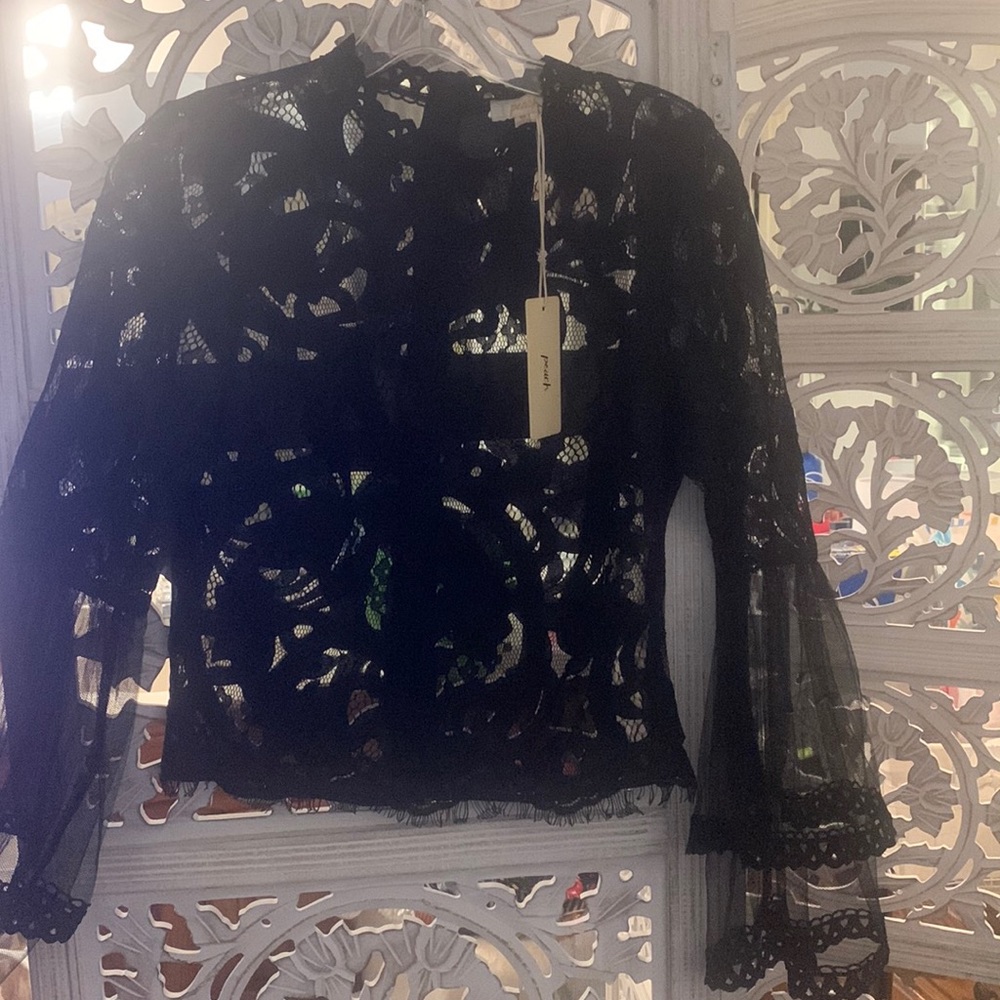 New Black long sleeve layered laced sheer blouse with a rear zipper